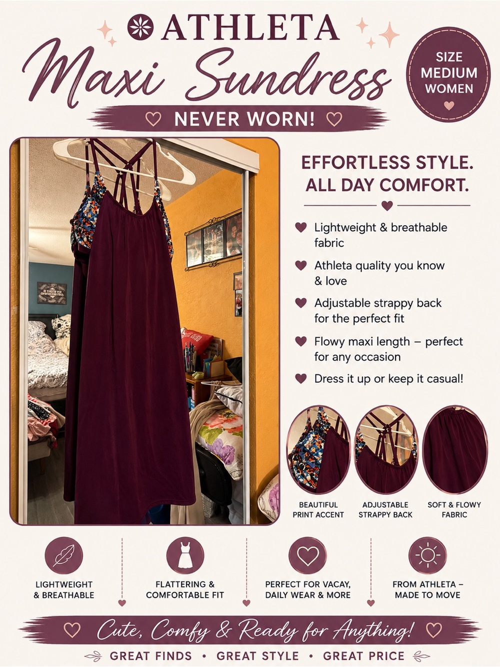 Athleta Sundress in Deep Plum with Floral Strap Accents